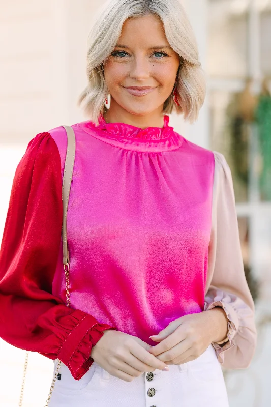 Get Their Attention Hot Pink Colorblock Blouse Office Formal Blouse