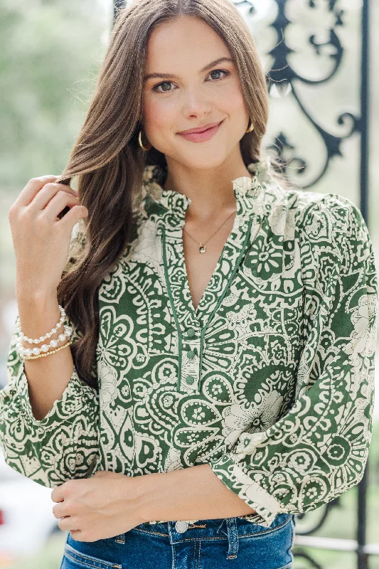 Give It Your All Olive Green Floral Blouse Office-Ready Blouse