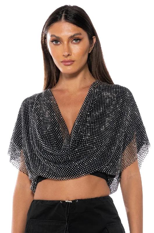 INDIGO DRAPED RHINESTONE MESH BLOUSE Sleeveless Chiffon Blouse