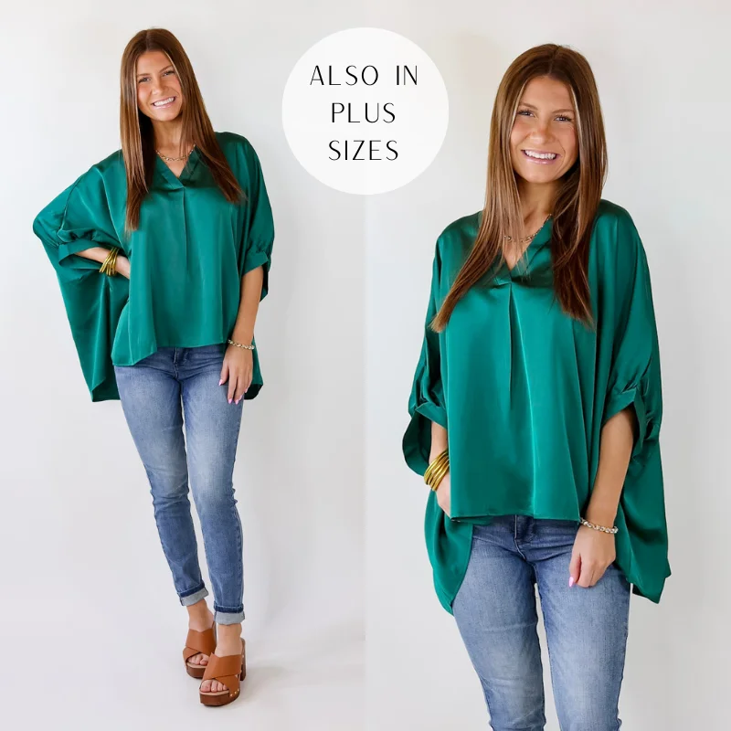 Irresistibly Chic Half Sleeve Oversized Blouse in Hunter Green Semi-Sheer Blouse