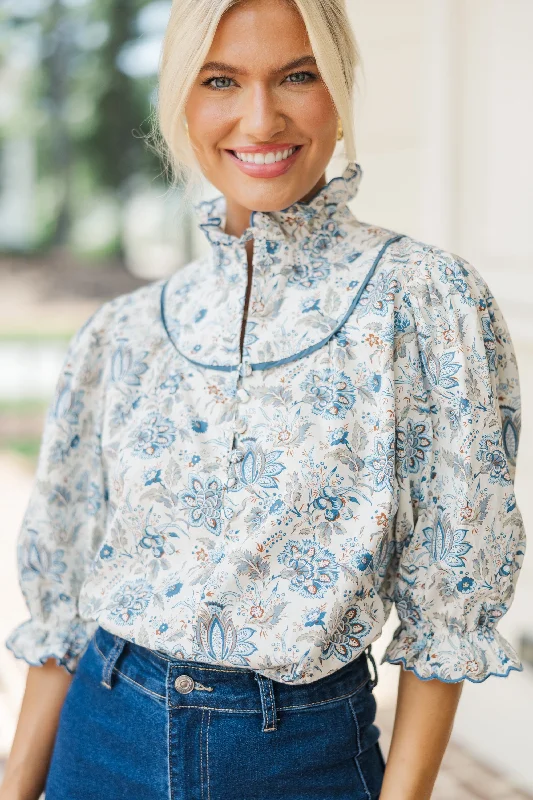 Keep It Up Cream Floral Ruffled Blouse Delicate Bow Blouse