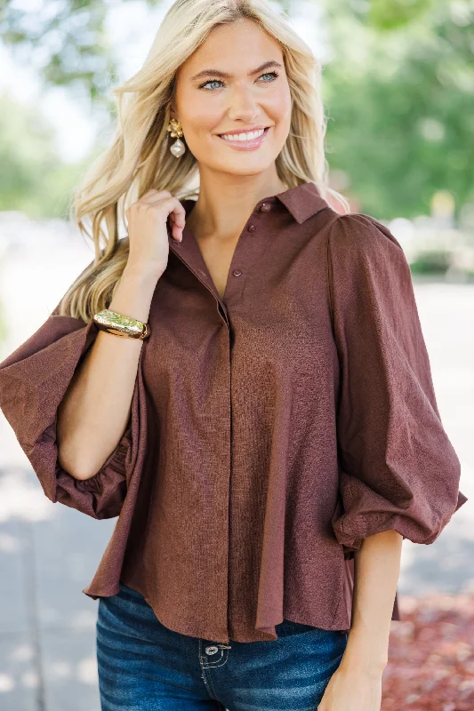 Let's Run Brown Bubble Sleeve Blouse Slim Fit Blouse