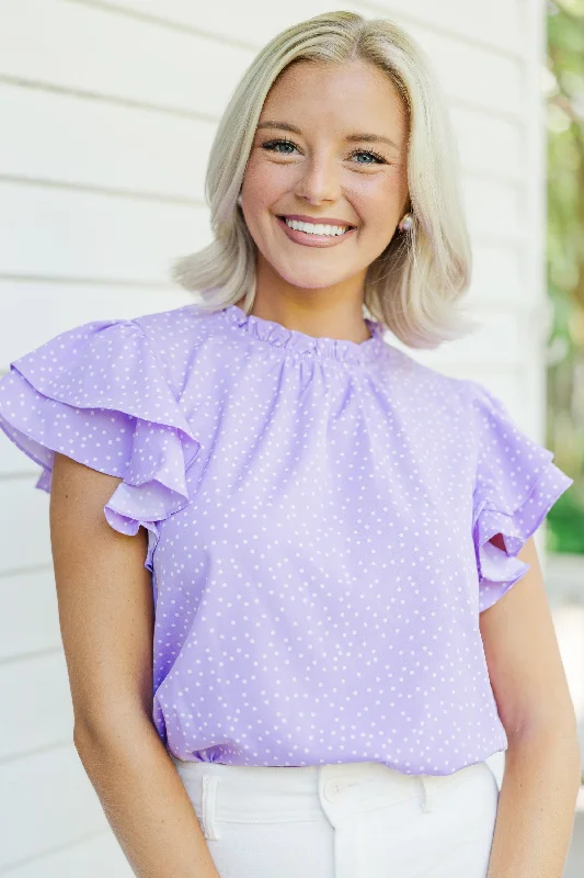 On My Heart Purple Polka Dot Blouse Ruffled Neck Blouse