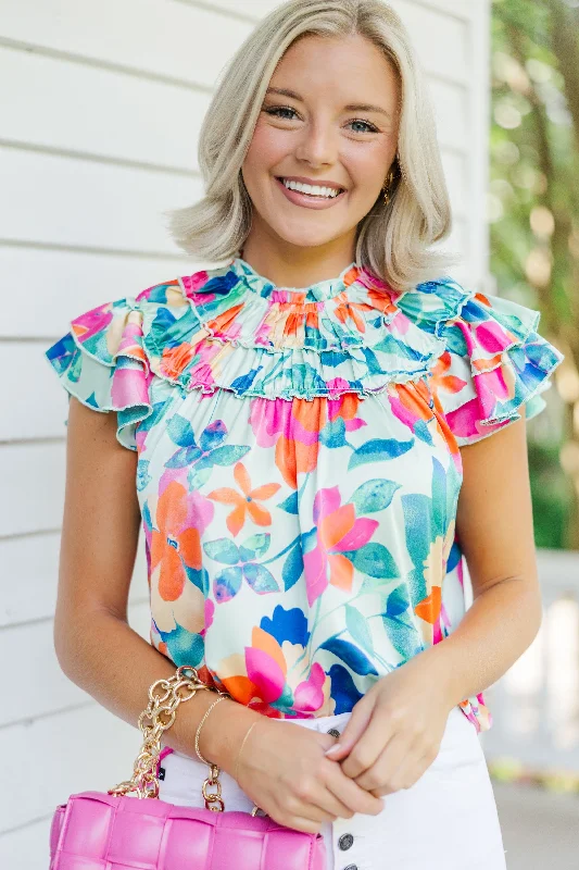 On Your Way Mint Green Floral Blouse Feminine Puff Blouse