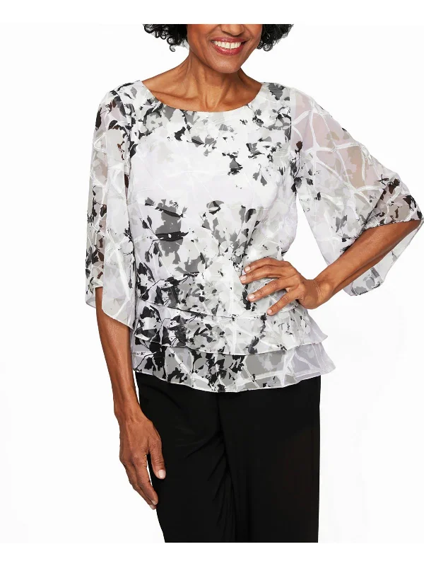 Petites Womens Printed Tiered Blouse Double Button Blouse