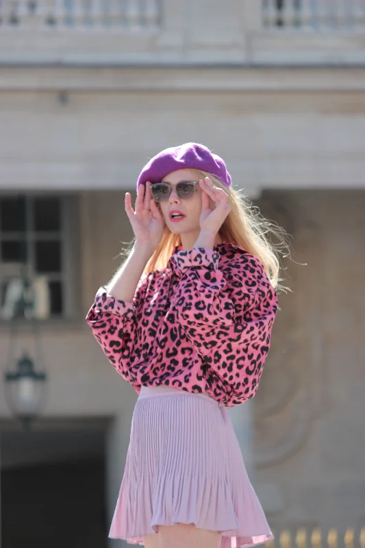 Pink Leopard Blouse Feminine Ruffle Blouse