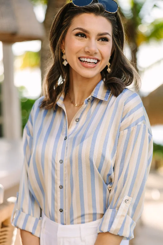 Put On A Show Chambray Blue Striped Blouse Polished Work Blouse