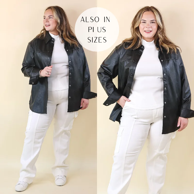 SPANX | Leather-Like Long Sleeve Oversized Shacket in Black LP Off-Shoulder Wrap Blouse