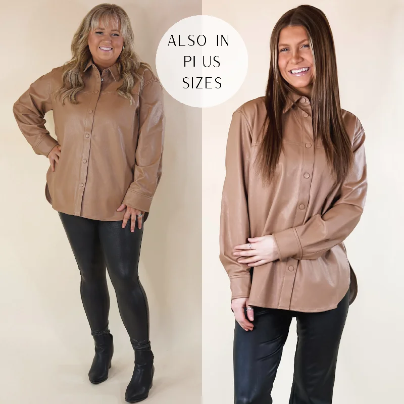 SPANX | Leather-Like Long Sleeve Oversized Shacket in Toffee Soft Modal Blouse