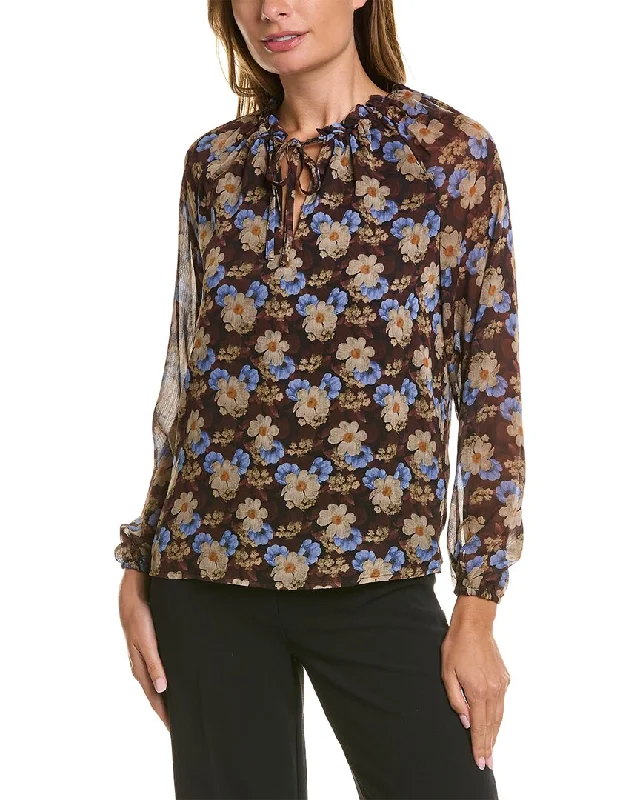 T Tahari Tie Neck Blouse Lightweight Floral Blouse