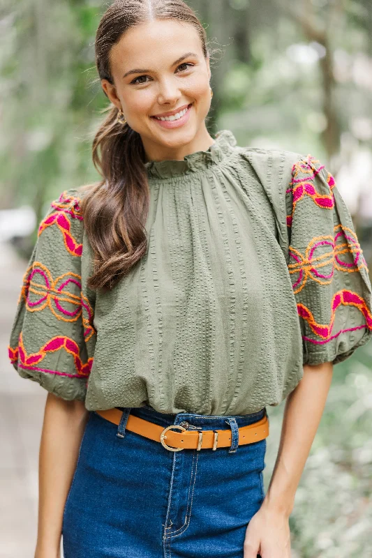 THML: Let You Know Olive Green Embroidered Blouse Double-Layered Blouse