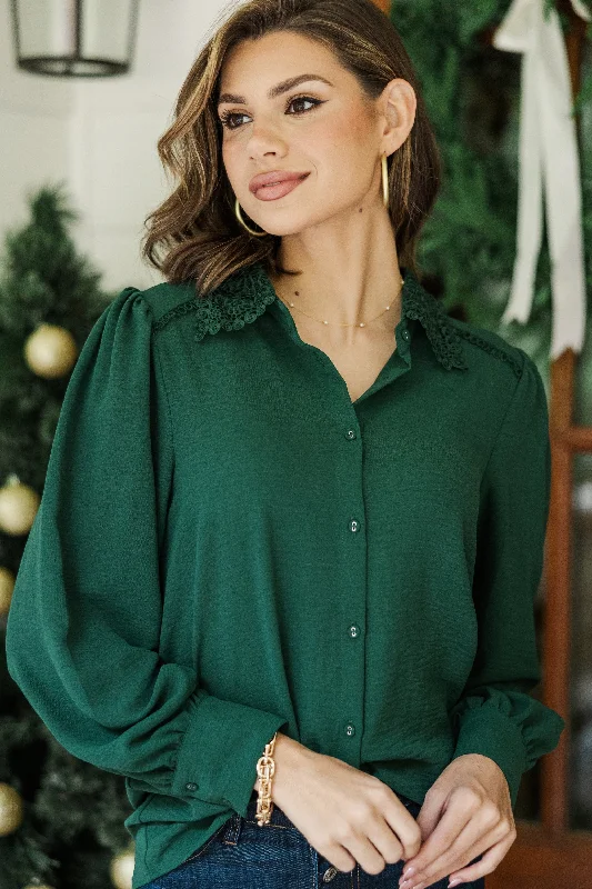 Touch My Heart Hunter Green Crochet Trim Blouse Delicate Bow Blouse