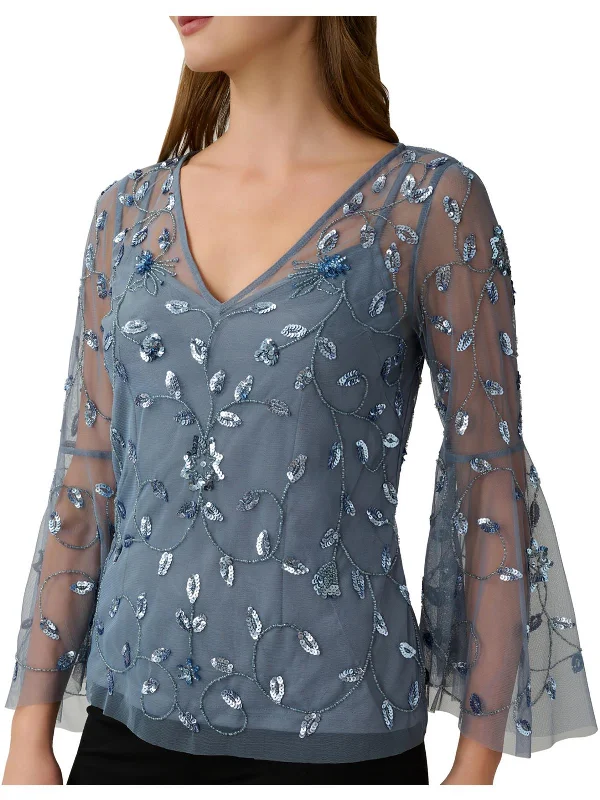 Womens Mesh Embellished Blouse Sheer Mesh Blouse