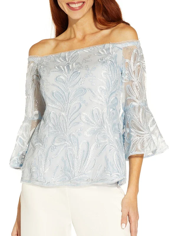 Womens Off-The-Shoulder Soutache Blouse Soft Pastel Blouse