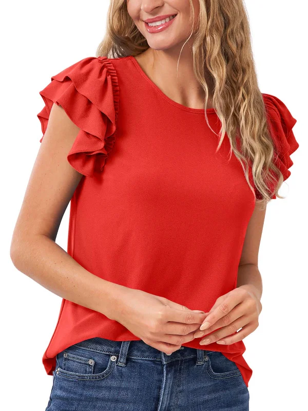 Womens Ruffled Crewneck Blouse Double-Layered Blouse