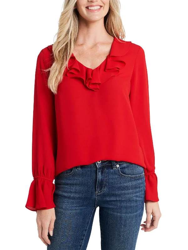 Womens Ruffled V-Neck Blouse Embellished Collar Blouse