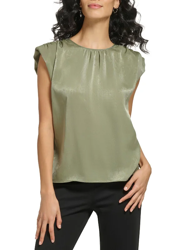 Womens Satin Crewneck Blouse Side Tie Blouse