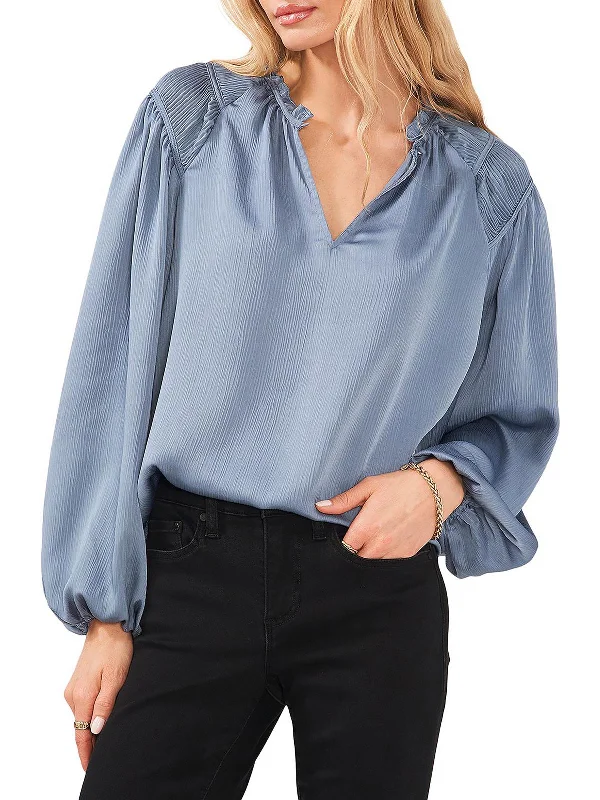 Womens Satin Ruched Blouse Mandarin Collar Blouse