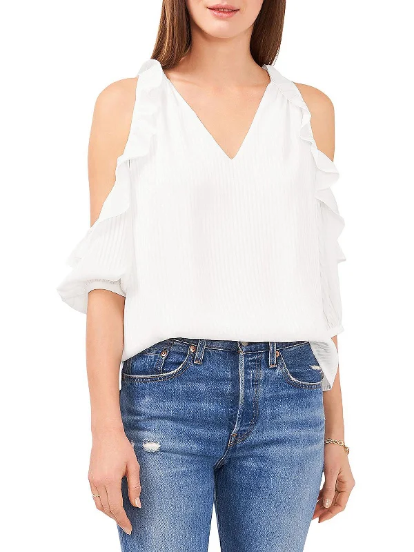 Womens V-Neck Ruffled Blouse Asymmetric Hem Blouse