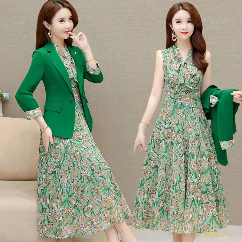 2022 Spring Autumn New Suit Jacket Dress Two-piece Women's Elegant Blazers Floral Long Skirt Set Female Office Professional Wear Solid Print Embellished