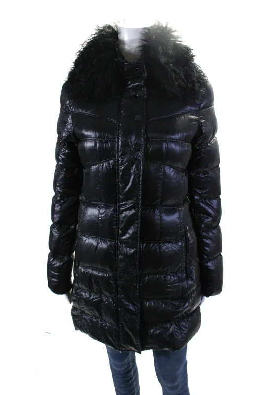 Add Womens Long Sleeve Zipped Fur Trimmed Quilted Puffer Jacket Black Oversized T-Shirt Spandex breathable