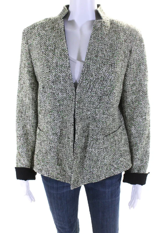 Akris Punto Womens Hook Front V Neck Knit Jacket Green White Black Solid Print Embellished