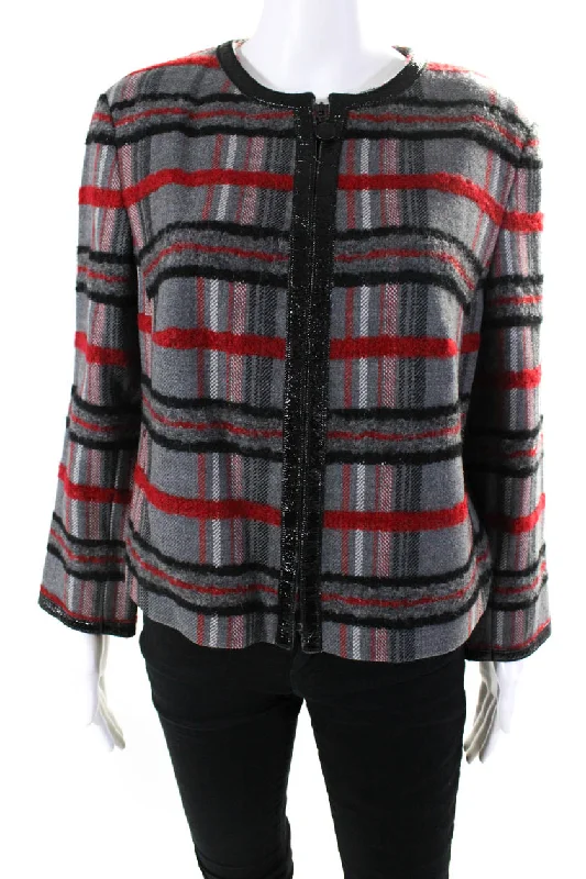 Akris Women's Round Neck Long Sleeves Lined Full Zip Plaid Jacket Layered Multi-layer Single Layer