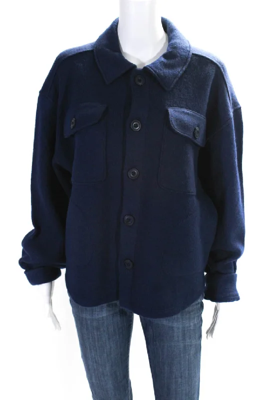 Amo Womens Halle Knit Oversize Button Up Shirt Jacket Neptune Blue Wool Large Zippered Front Buttoned Front Snap Front