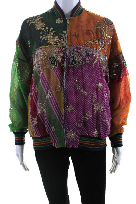 Ashish Womens Salvaged Sari Patchwork Embroidered Bomber Jacket Multicolor XS Striped Floral Plaid