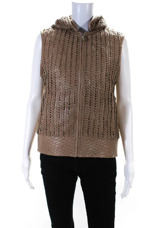 Blue Ice Womens Leather Woven Zipped Texture Sleeveless Hooded Jacket Tan Seamless Knitted Crochet