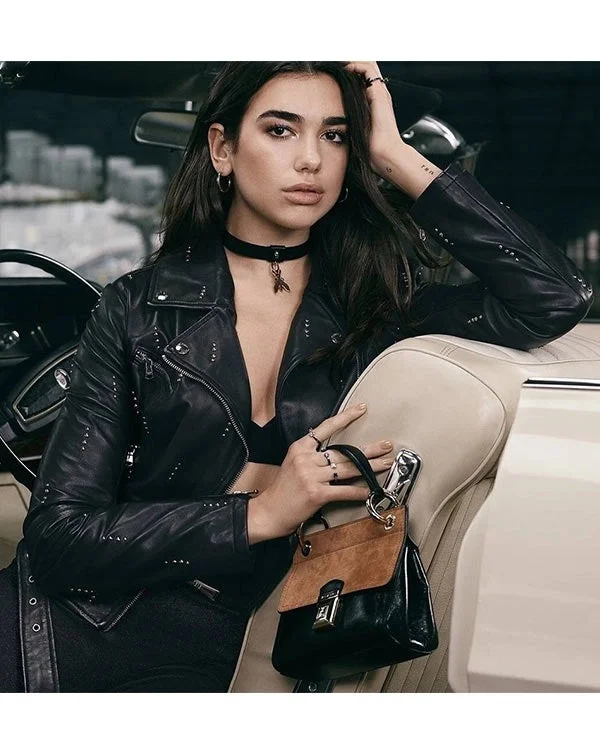 Dua Lipa Black Moto Studded Jacket Zippered Front Buttoned Front Snap Front