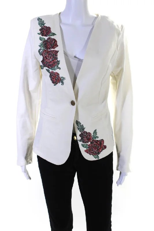 Elisabetta Franchi Womens Jeweled Floral Print Jacket White Cotton Notch Collar Peter Pan Collar Cowl Neck