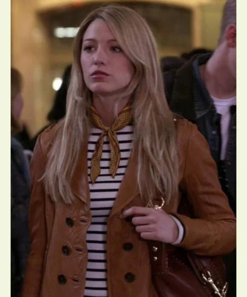 Gossip Girl Serena Van Der Brown Leather Jacket Wool Fabric Cashmere Fabric Tweed Fabric