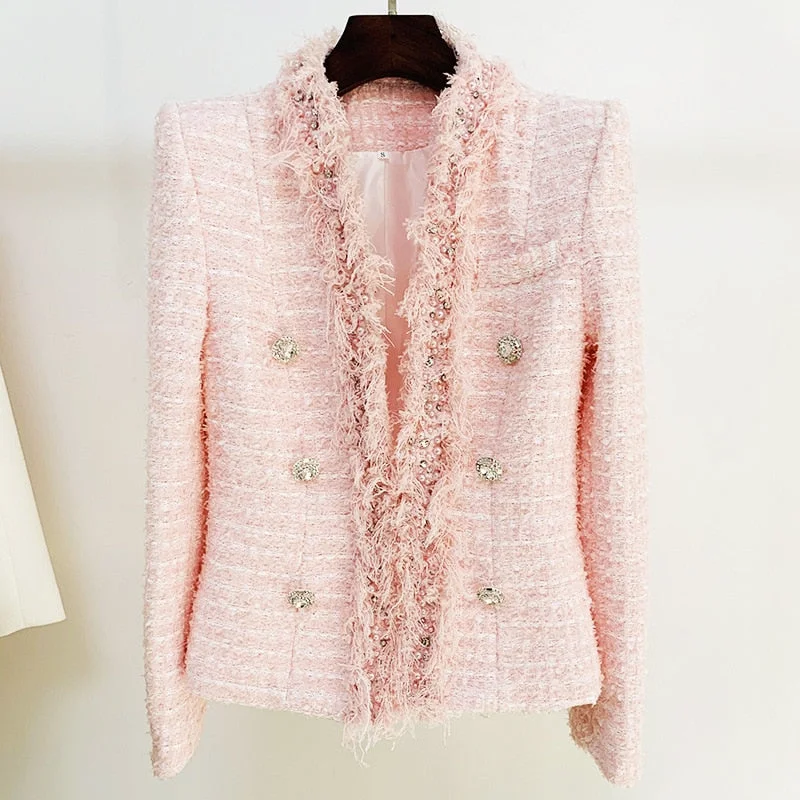 HarleyFashion Winter Women Pink Tweed Jacket Cardigan Tassel Beading Luxury Quality Sweet Thick Coat Fashionable Trendy Casual