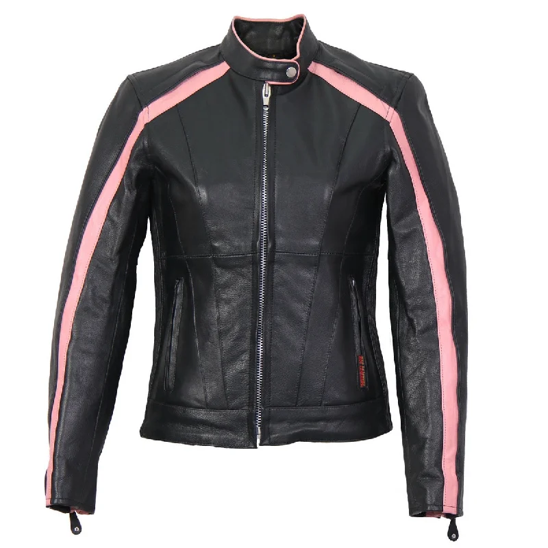 Hot Leathers JKL1022 Pink Striped Leather Jacket with Reflective Real Fur Shearling Chenille