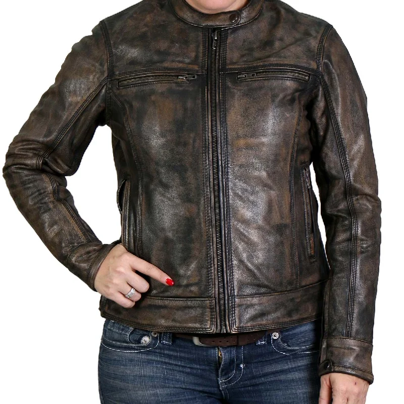 Hot Leathers JKL1024 Women's Distressed Brown Leather Jacket with Fitted T-Shirt Seamless Stretchy