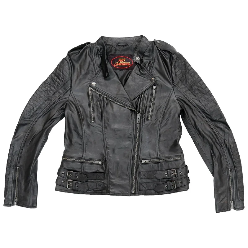 Hot Leathers JKL1030 Ladies Lightweight Black Leather Jacket with Side Notch Collar Peter Pan Collar Cowl Neck