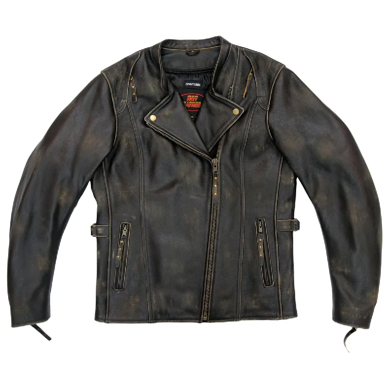 Hot Leathers JKL1031 Ladies Vented Distressed Brown Leather Jacket Cashmere Blend Cotton Blend Poly Blend