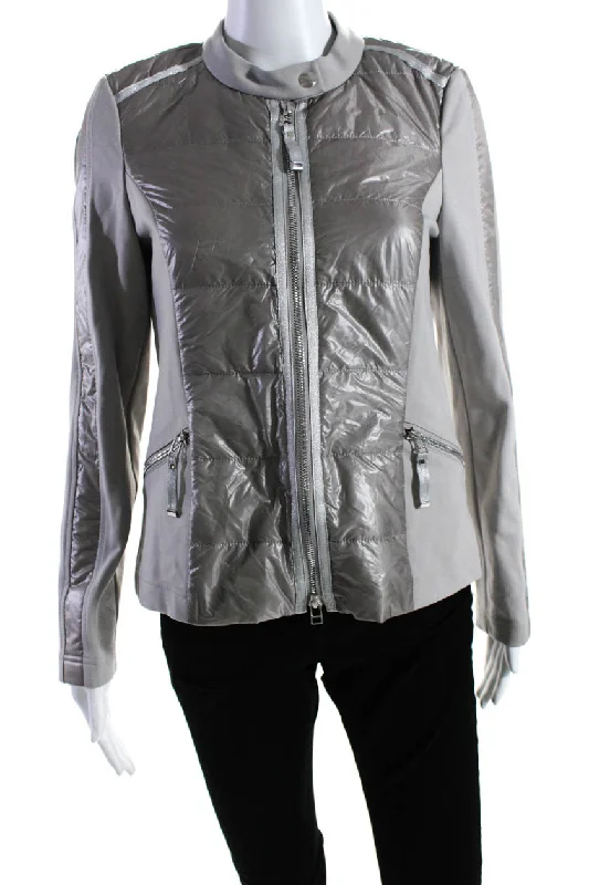 I' Cona Womens Full Zipper Crew Neck Long Sleeves Jacket Platinum Gray Chenille Brocade Lace