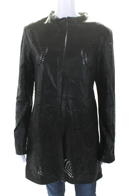 In Transit Womens Laser Cut Long Hook & Eye Leather Jacket Black Rayon Fabric Velvet Fabric Corduroy Fabric