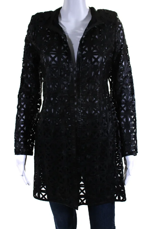 In Transit Womens Laser Cut Metallic Mesh Leather Jacket Black Fleece Nylon Spandex