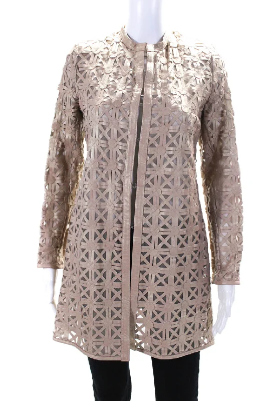 In Transit Womens Metallic Laser Cut Leather Mesh Hook & Eye Jacket Beige Small Beaded Sequined Faux Fur