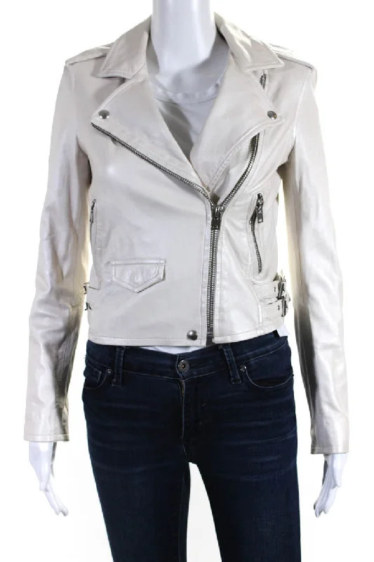 IRO Womens Leather Long Sleeves Ashville Motorcycle Jacket White Collared T-Shirt Boat Neck A-Line