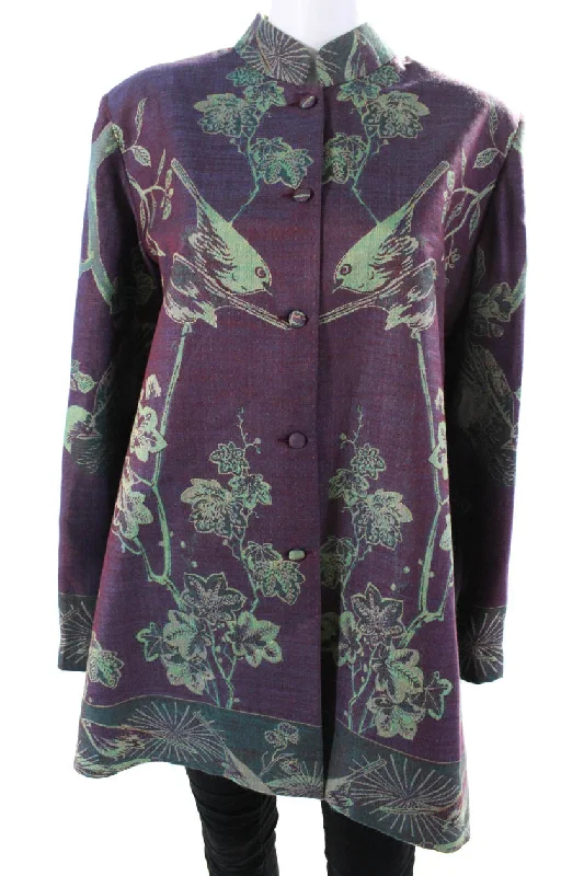 Jennifer T Womens Birds Floral Jacquard Jacket Purple Green Cashmere Silk IT 46 Seamless Knitted Crochet