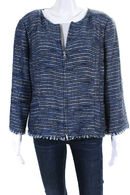 Lafayette 148 New York Womens Cotton Tweed Zip Up Fringe Hem Jacket Blue Zippered Front Buttoned Front Snap Front