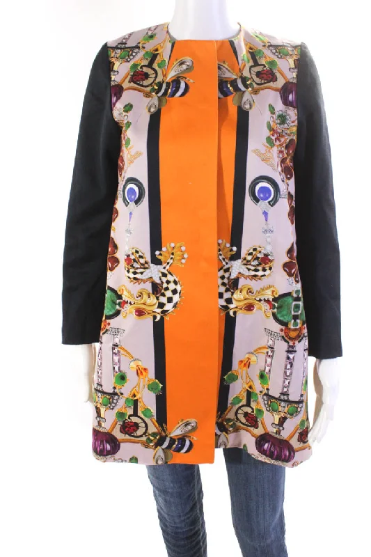 Mary Katrantzou Womens Gem Print Snap Closure Jacket Pink Navy Orange Mesh Blend Leather Blend Suede Blend