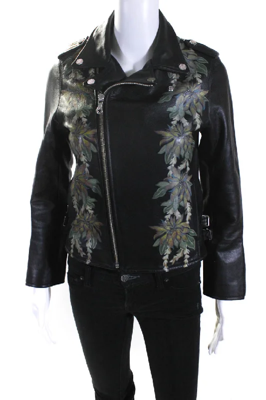 Phenomenon Womens Front Zip Collared Leather Jacket Black Multi Elegant Classic Vintage