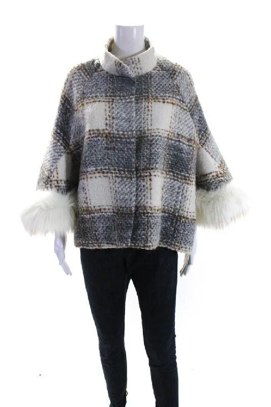 Pologeorgis Womens Fox Fur Trim Plaid Dolman Sleeve Jacket Gray White Zippered Buttoned Snapped