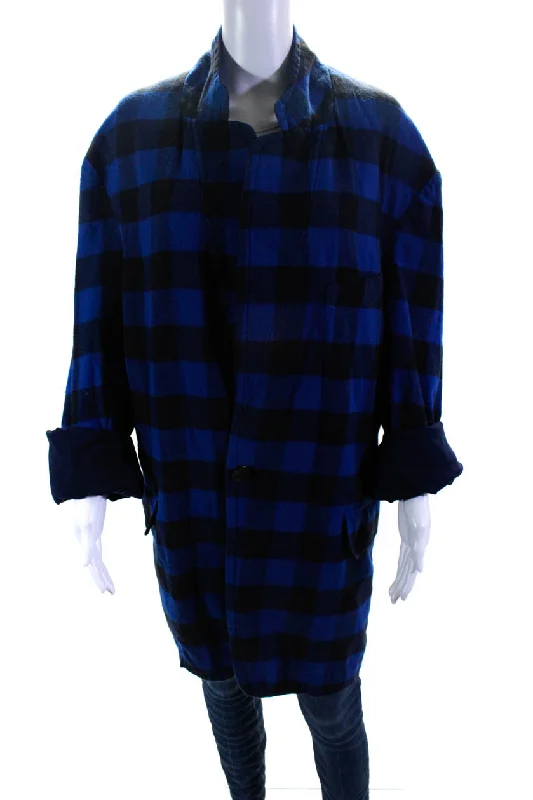 R13 Womens Cotton Check Print Buttoned Long Sleeve Collared Jacket Blue Fleece Fabric Down Fabric Feather Fabric