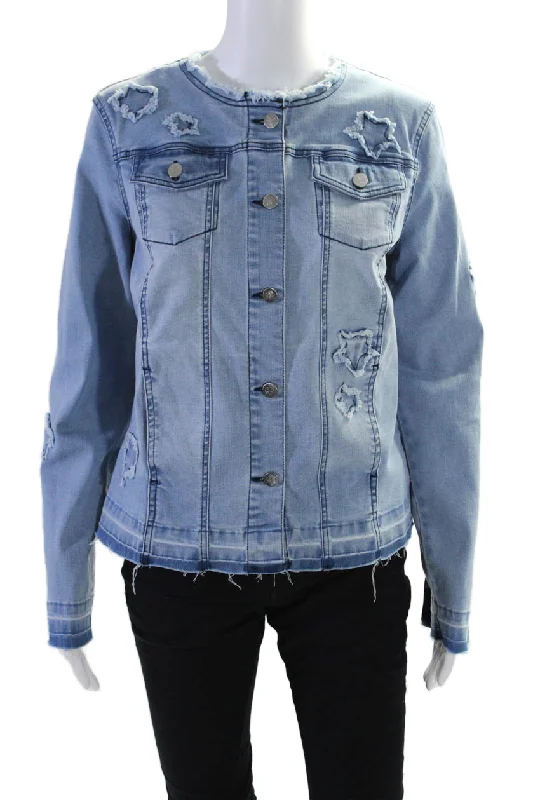 Renuar Womens Cotton Denim Star Embroidery Button Down Jean Jacket Blue Fleece Nylon Spandex